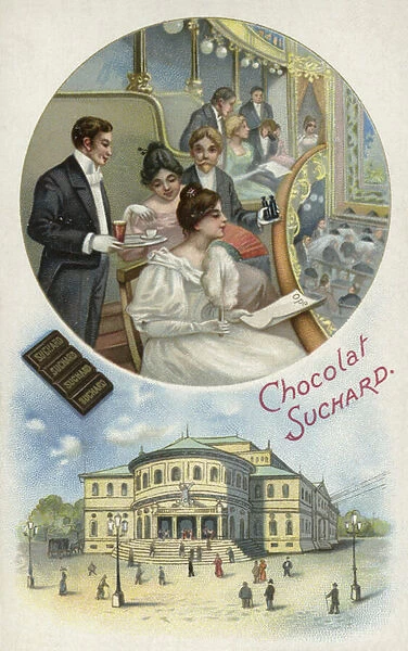 Enjoying Suchard chocolate at the opera or theatre (chromolitho)
