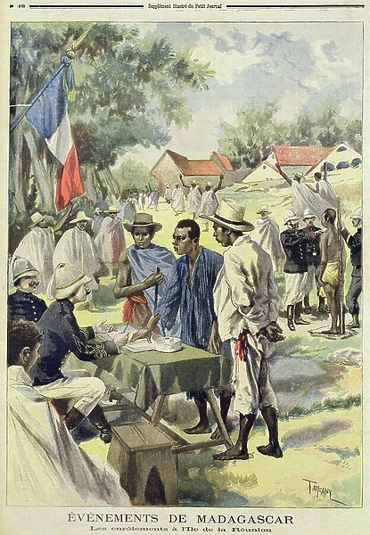 Enlisting Natives on the Island of La Reunion, from Le Petit Journal, 10th February 1895 (coloured engraving)
