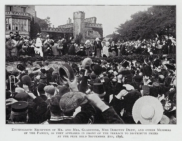 Enthusiastic Reception of Mr and Mrs Gladstone, Miss Dorothy Drew, and other Members of the Family, as they appeared in front of the terrace to distribute prizes at the Fete held 2 September 1896 (b / w photo)