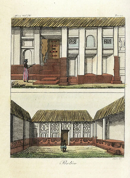 Entrance and courtyards in houses in Kumasi, Kingdom of Ashanti (Ghana), early 19th century. Handcoloured copperplate engraving by Antonio Sasso from Giulio Ferrario's Ancient and Modern Costumes of all the Peoples of the World, 1843