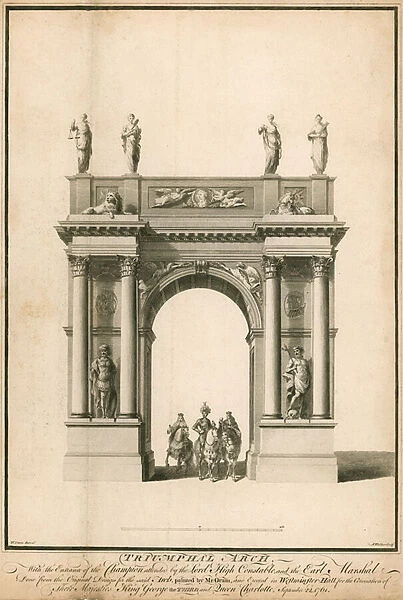 The entry of the Champion, attended by the Lord High Constable and the Earl Marshal, through the Triumphal Arch (engraving)
