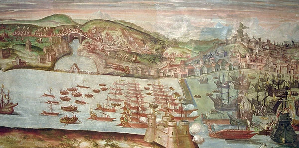 The entry of the fleet into Lisbon, a scene from the maritime campaign against Portugal conducted by Alvaro de Bazan, during the reign of Philip II of Spain (fresco)