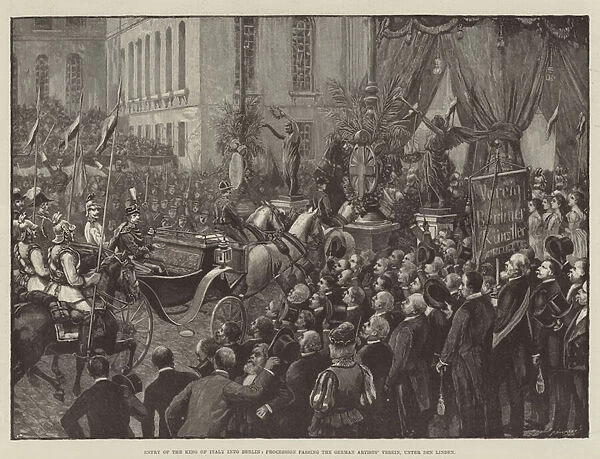 Entry of the King of Italy into Berlin, Procession passing the German Artists Verein, Unter den Linden (engraving)