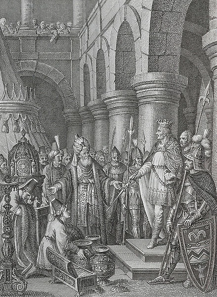 The envoys of Caliph Harun al-Rashid bringing gifts to Charlemagne, 802 (engraving)