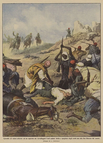 An episode of value around a Corporal of the Cavalry Lodi who fell, wounded and stripped by... (colour litho)