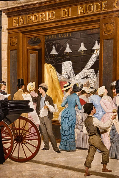 The Epoch, detail of women looking at a shop window, a town crier and a boy, 1875-80 (oil on canvas)