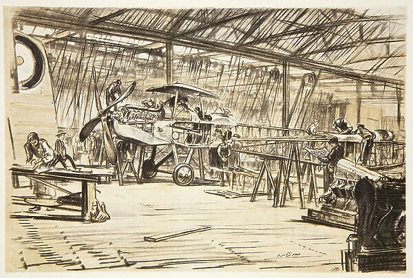 Erecting aeroplanes, illustration from The Western Front, pub. by Country Life Ltd, 1917 (litho)