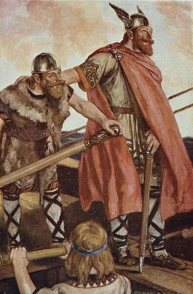 Erik the Red (950-1003  /  04) sets sail for Greenland, illustration from The Book of Discovery by T. C. Bridges, published 1931 (colour litho)