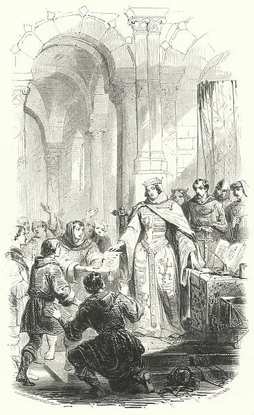 Ermesinde, Countess of Luxembourg, granting a charter of freedom to a town in her realm, 1243 (engraving)