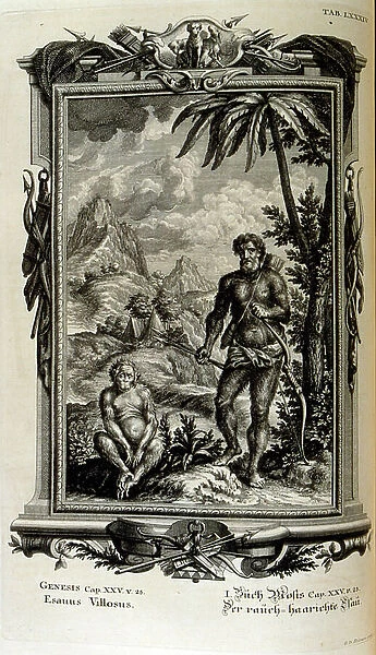 Esau his body covered with hair was the son of Abraham, 18th century (engraving)