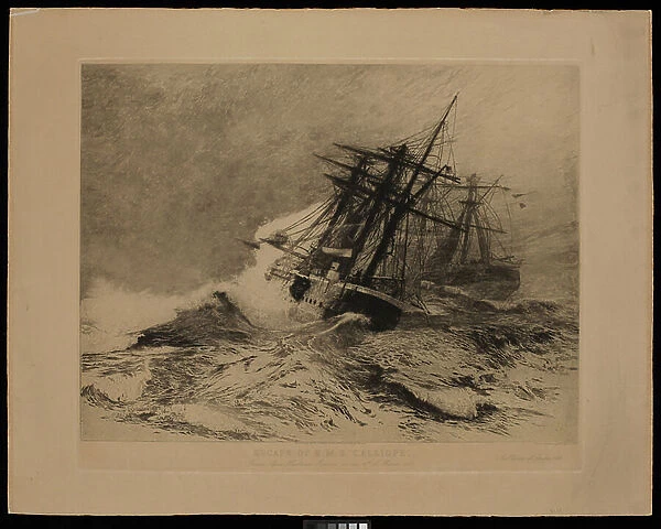 Escape of H.M.S. Calliope From Apia Harbour Samoa, on the 16th of March 1889 (etching)