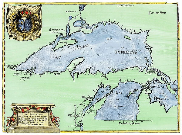 The establishment of French colonies in the Great Lakes region, circa 1600. Map of the French Jesuites Jacques Marquette (1637-1675) and Louis Jolliet (1645-1700) of Lakes Superior, Michigan and Huron, Michigan and Wisconsin (United States)