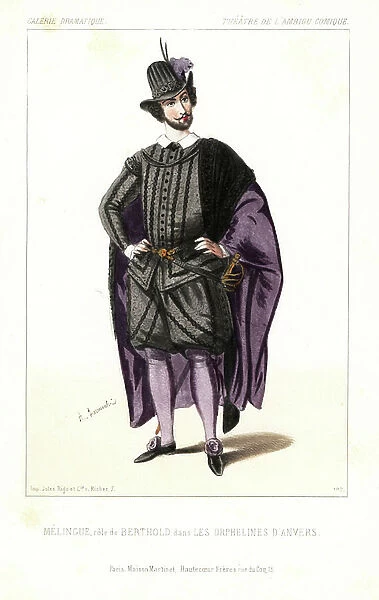 Etienne Marin Melingue as Berthold in Les Orphelines D'Antwerp by Joseph Bouchardy, Theatre de L'Ambigu Comique, 1844. Handcoloured lithograph after an illustration by Alexandre Lacauchie from Victor Dollet's Galerie Dramatique