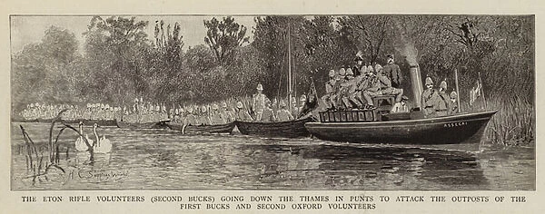 The Eton Rifle Volunteers (Second Bucks) going down the Thames in Punts to attack the Outposts of the First Bucks and Second Oxford Volunteers (engraving)