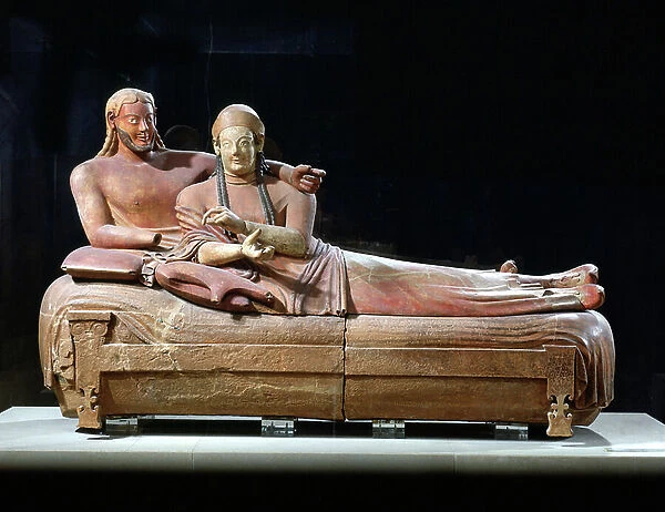 Etruscan art: sarcophagus with reclining couple, Ceveteri Italy. 6th century BC (painted terracotta sculpture displayed at the Louvre, Paris)