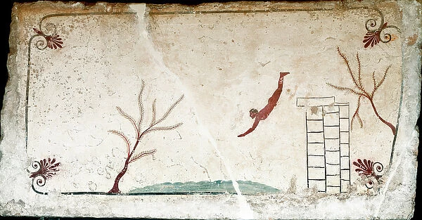 Etruscan art: A young swimmer diving. Fresco of the grave of the 'diver'