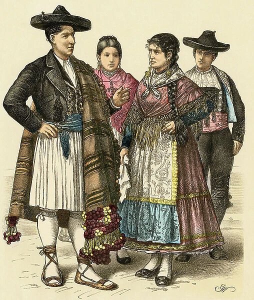 Europe: traditional costumes of the population of the European continent. Residents of Alicante (left) and Zamora in Spain in the 19th century. Colour engraving of the 19th century