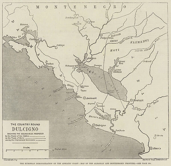 The European Demonstration on the Adriatic Coast, Map of the Albanian and Montenegrin Frontier (engraving)