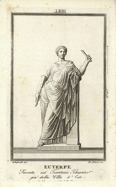 Euterpe, muse of music and lyric poetry, holding a flute. Found in the Tiburtino area of Rome near the Villa d'Este. Copperplate engraving by Gio. Perini after an illustration by A