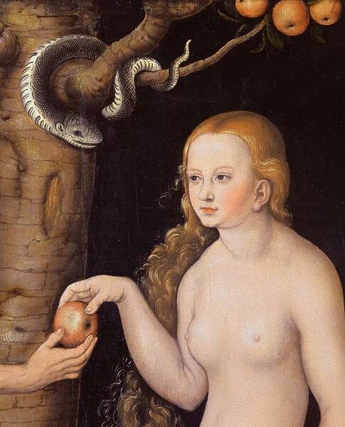 Eve offering the apple to Adam in the Garden of Eden and the serpent, c