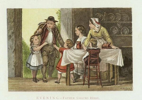 Evening Father coming home. Agricultural labourer returning from work to family and evening meal eagerly greeted by 4 children. Cottage door opens directly into living room. Chromolithograph c1880