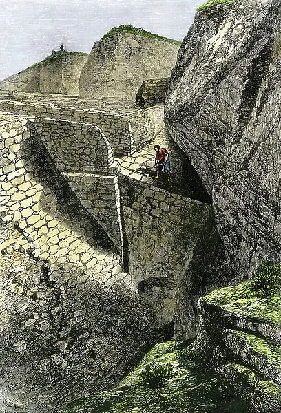 Excavation of Heinrich Schliemann (1822-1890), German archeologist in the walls of the acropolis of the ancient city of Troy, 19th century. Colour engraving of the 19th century