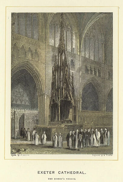 Exeter Cathedral, the Bishops throne (colour litho)