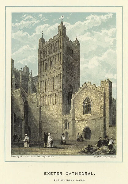 Exeter Cathedral, the southern tower (colour litho)