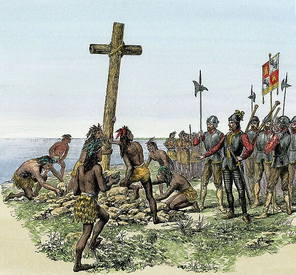 The expedition of the conquistadors of Vasco Nunez de Balboa (1475-1519) erected a cross on the shore of the Pacific Ocean in 1513. 19th century lithography