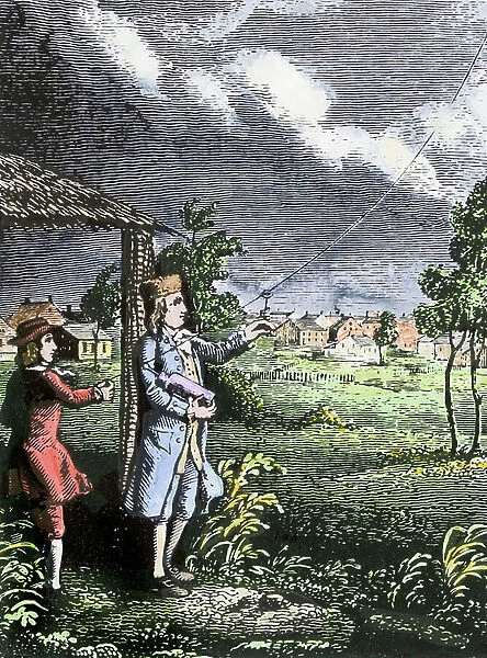 Experience of Benjamin Franklin (1706-1790) flying a flying deer to demonstrate the electric nature of lightning. Colouring engraving of the 19th century