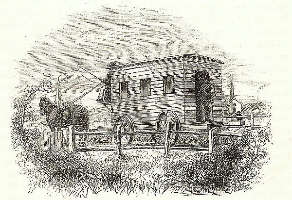 Experiment', the first passenger railway carriage, built by George Stephenson for the Stockton and Darlington line in 1825. Passengers entered from the back. From Samuel Smiles The Story of the Life of George Stephenson, London, 1859