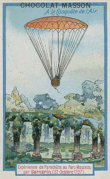 Experimenting with parachuting at Parc Monceau by Andre-Jacques Garnerin (22 Octobre 1797) (chromolitho)