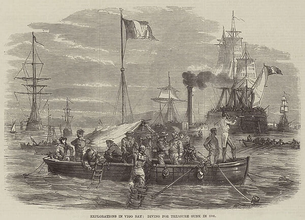 Explorations in Vigo Bay, diving for Treasure sunk in 1702 (engraving)
