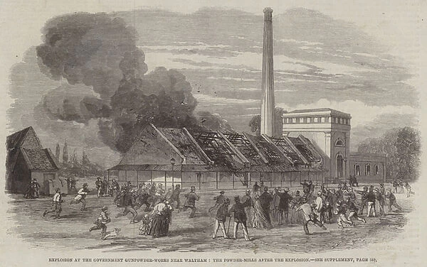 Explosion at the Government Gunpowder-Works near Waltham, the Powder-Mills after the Explosion (engraving)