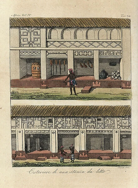 Exterior of bedrooms in houses in Kumasi, Kingdom of Ashanti (Ghana), early 19th century. Handcoloured copperplate engraving by Antonio Sasso from Giulio Ferrario's Ancient and Modern Costumes of all the Peoples of the World, 1843