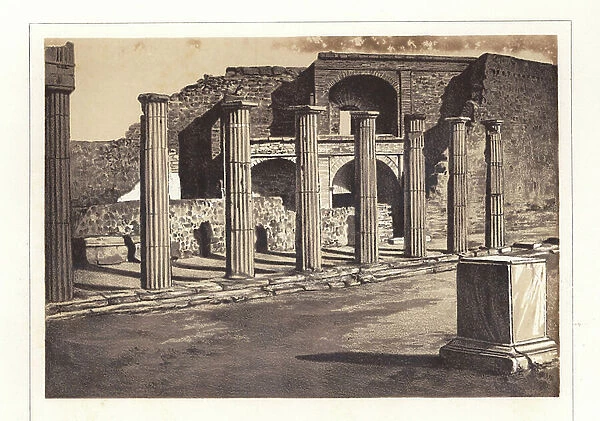 Exterior of the Small Theatre or Odeon, Pompeii VIII.7.19. Columns in the street, and plinth for a statue. Chromolithograph and illustration by S. De Stefano from Antonio Niccolinios Pompeii: Views and Restorations (Pompeii)