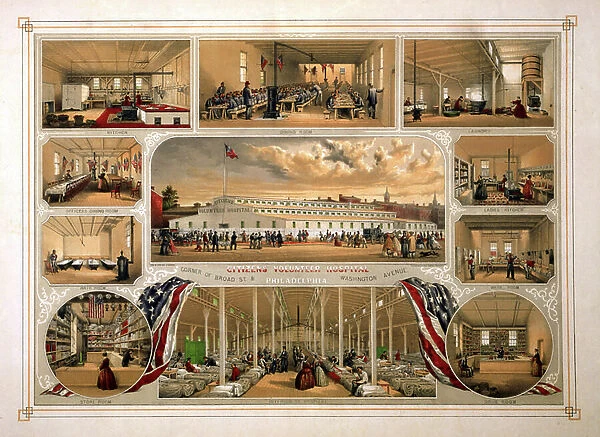Exterior view and ten interior views of Citizens Volunteer Hospital, 1863