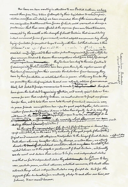 Extract from the draft of the declaration of independence of the thirteen British colonies in North America secession from the British Kingdom. Manuscript, page 4, by Thomas Jefferson (1743-1828). Engraving, 19th century