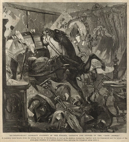 Extraordinary carriage accident in the Strand (engraving)