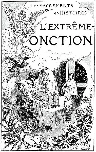 Extreme-ontion (extreme anointing, last sacraments) - cover of a religious book at the beginning of the 20th century - Saint George decks the dragon to allow the soul of a dying man to fly to heaven - illustration of Jouvenot - family piete