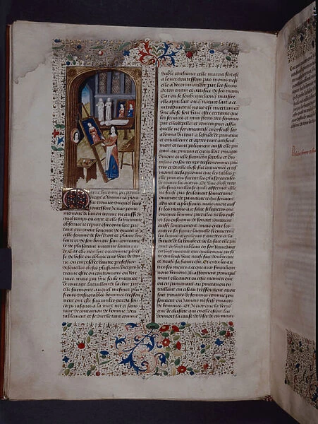 F. 37v Miniature showing Marcia before an easel, painting her self portrait, illustration from Des Cleres et nobles femmes by Giovanni Boccaccio (vellum)