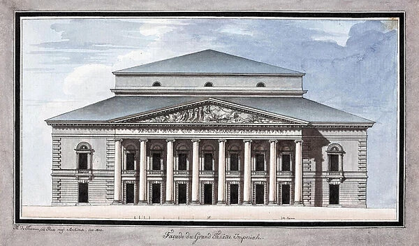Facade of the Saint Petersburg Imperial Bolshoi Kamenny Theatre par Jean Francois Thomas de Thomon, (1754-1813), 1802 - Copper engraving, watercolour, 12x19, 9 - State Hermitage, St. Petersburg