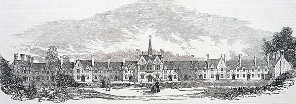The facade of the St Pancras Almshouses, Grafton Place, London. 1853 (engraving)