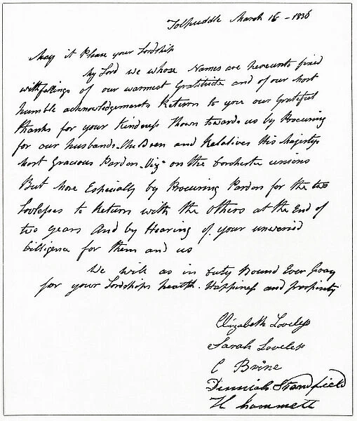 Facsimile of a letter from the wives of the Tolpuddle Martyrs to Lord John Russell thanking him for his part in bringing about the pardons for their husbands