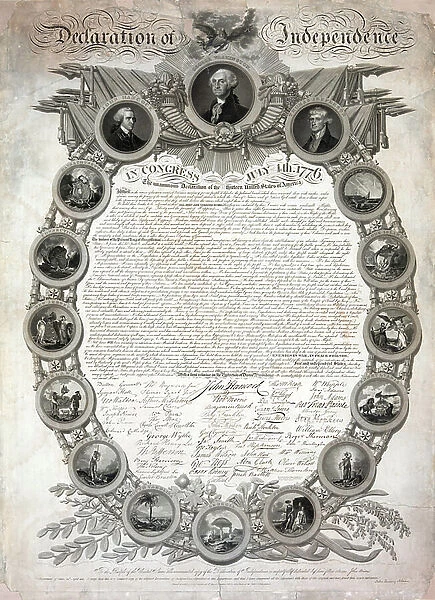Facsimile of the original draft of the Declaration of Independence (1776) in oval frame with medallions of the thirteen original states, and portraits of John Hancock, George Washington and Thomas Jefferson. America USA 1819