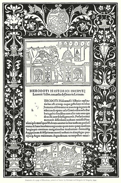 Facsimile of a page of Herodotus, printed at Venice by Giovanni and Gregorio de Gregorii, 1494 (engraving)