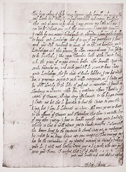Facsimile of Philip Sidneys handwriting at the age of 18, 23rd March 1572 (litho)