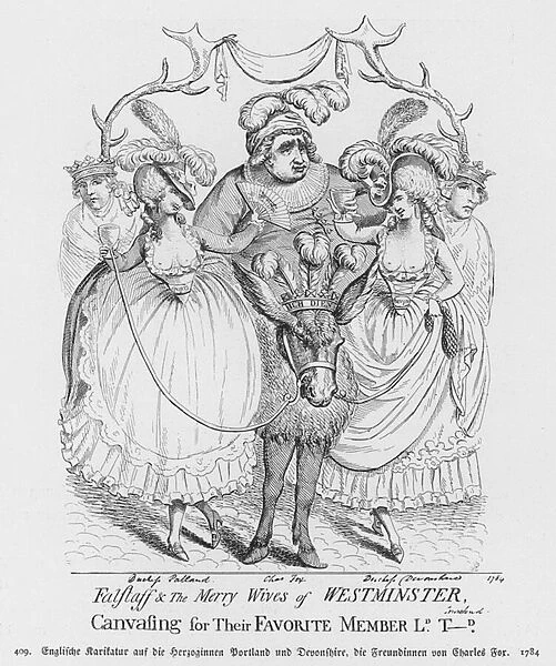 Falstaff and the Merry Wives of Westminster Canvassing for Their Favourite Member Ld T-d, 1784 (litho)