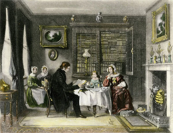 Family breakfast from an English house under Queen Victoria. Colour engraving of the 19th century