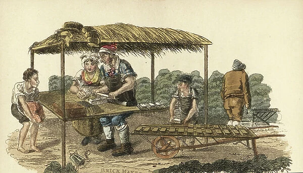 Family of brickmakers in a shed shaping clay in molds, boy bringing more clay, and another boy arranging bricks on a barrow. Handcoloured copperplate engraving from William Henry Pyne's The World in Miniature: England, Scotland and Ireland